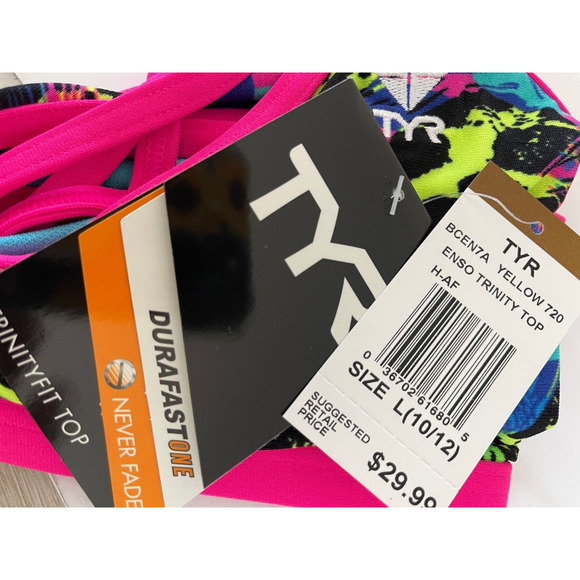 TYR DuraFast One Enso Trinity Swim Top Pink Black Yellow - Size Large 10/12 $30 - Picture 5 of 8